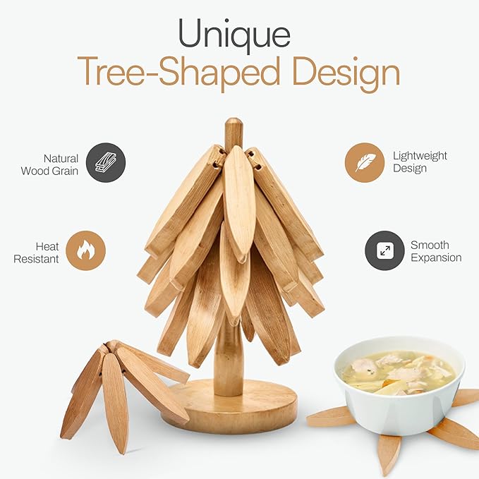 Wooden trivets for hot Dishes – 4 Tree-Shaped Coasters & 1 Stand for Hot Pots, Dishes | Heat-Resistant, Space-Saving Pot Rest & Cozy Kitchen Decor, Tree Trivets for Counter + Special Bonus (Beech)