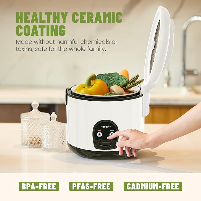 Electric Rice Cooker with One Touch for Asian Japanese Sushi Rice, 10-cup Uncooked/20-cup Cooked, Fast&Convenient Cooker with Steamer, Stainless Steel Housing and Auto Warmer, White