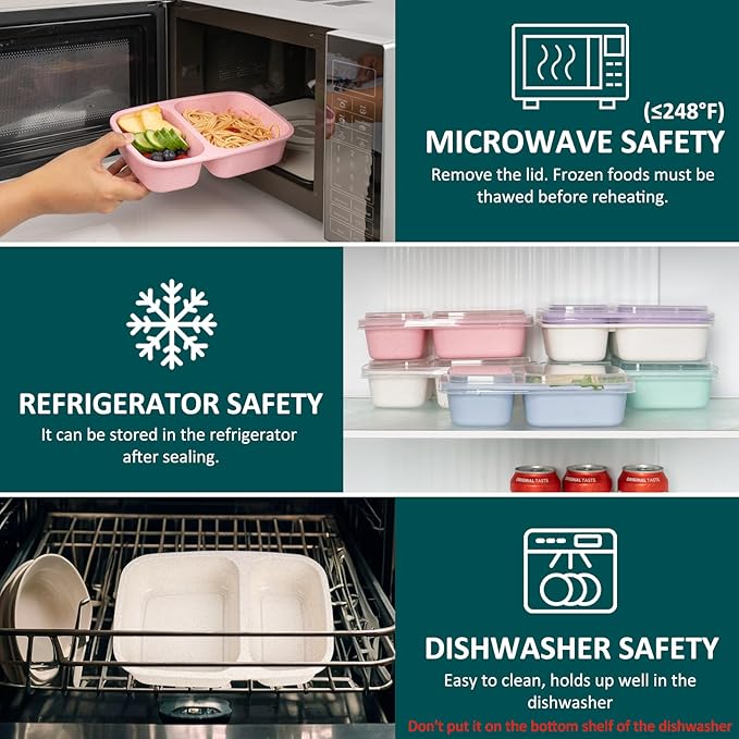 Bento Lunch Box 2 Compartment Lunch Containers, Reusable Kids Lunch Box Containers with Lids, Stackable Food Containers for Lunch, Microwave & Dishwasher Safe for Travel Work & School(5 Pack)