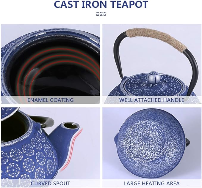 Ufine Blue Floral Cast Iron Teapot Set Japanese Style Tetsubin Tea Kettle with 4 Cups, Stainless Steel Infuser for Stove Top Tea Brewing 28 oz