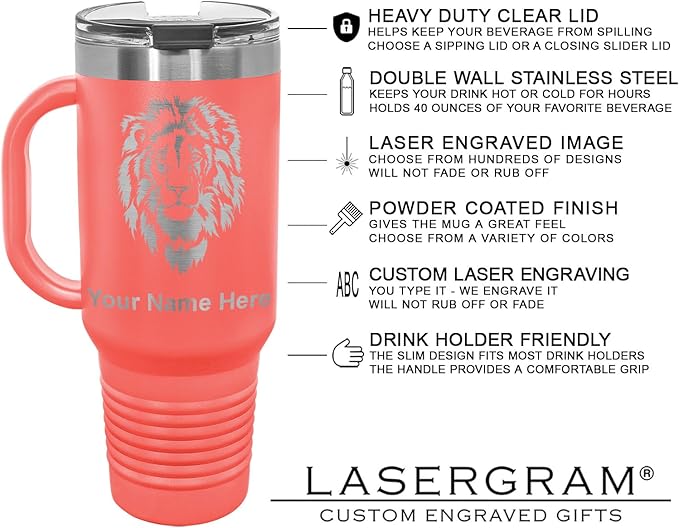 LaserGram 40oz Vacuum Insulated Travel Mug with Handle, Tiki Statue, Personalized Engraving Included (Coral)