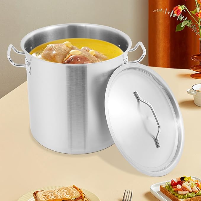Large Stock Pot with Lid, Stainless Steel Cookware Stockpot, 26.4 Quart Heavy Duty Soup Pot with 2 Handles, All Stoves Compatible, Fast and Uniform Heating