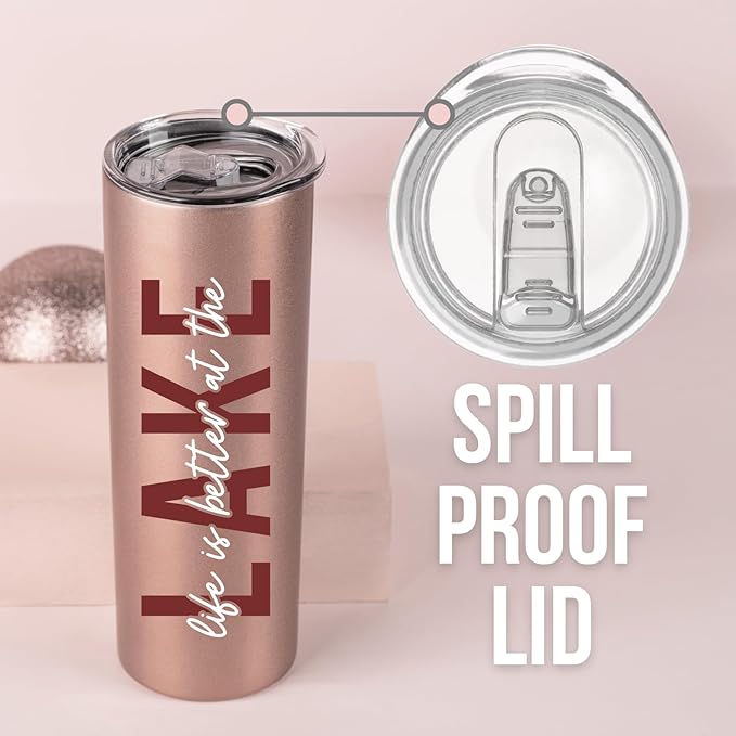 Onebttl Lake House Gifts for Women, 20oz Stainless Steel Insulated Tumbler, Housewarming Gifts for Lake Lovers - Rose Gold, Life is Better at the Lake 02