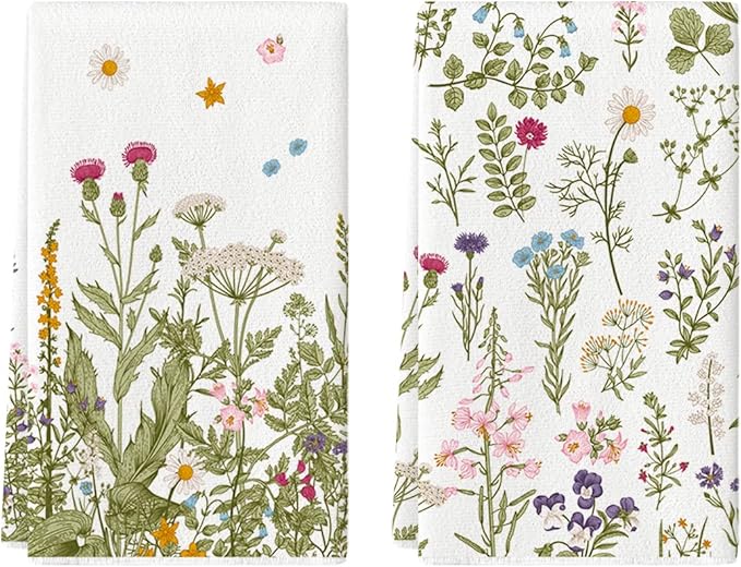 Artoid Mode Wildflower Floral Kitchen Towels Dish Towels, 18x26 Inch Leaves Holiday Decoration Hand Towels Set of 2