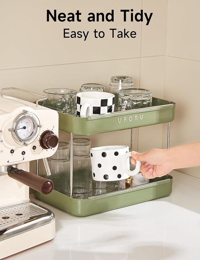 Countertop Coffee Station Organizer | 2-Tier Whisky Glass Tray, Mug Drying Shelf with Removable Drain Tray - Easy to Install, Clean - Spice Rack for Kitchen, Bathroom Counter Organzier
