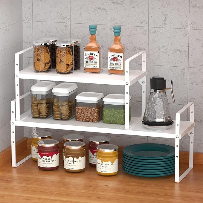 ‎Expandable Kitchen Cabinet Storage Shelf, Stackable Metal Pantry Storage Shelves Organizer, Adjustable Height Counter Spice Rack for Kitchen Cabinet (White - 16.5"-27" L x 10.2" W x 9.6" H - 3Pack)