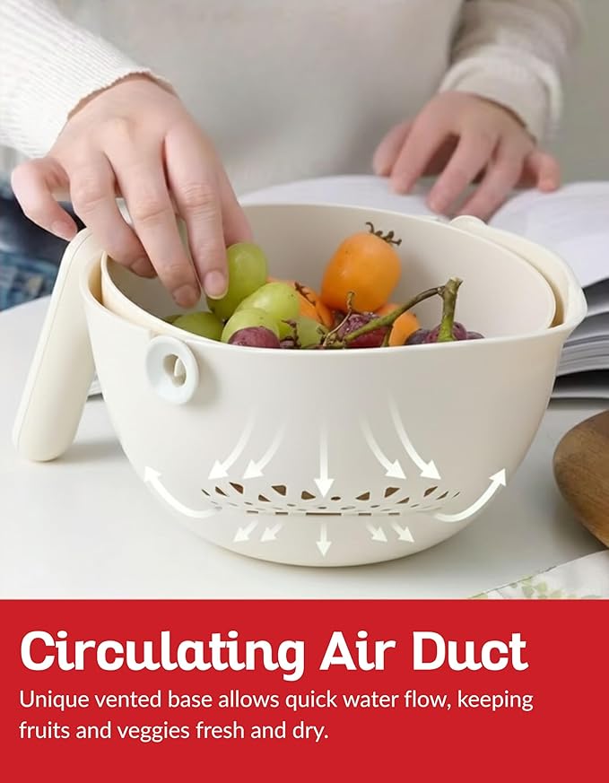 Multi Functional Draining Basket – Double Layer Colander & Bowl for Pasta, Fruits & Vegetables – Durable BPA-Free, Dishwasher Safe (Milky White).