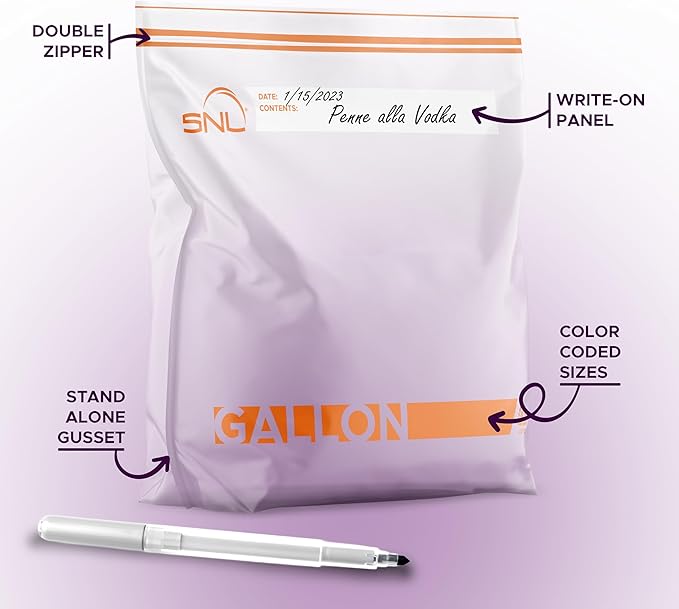 Gallon Food Bags by SNL -100 Pack- Leak-Proof, Clear, Write-On Block, Reclosable, Disposable Storage Bags, Double Seal Zippers with Clicking Noise Zip Confirmation, Stand-Alone Gusset, Easy Dispensing