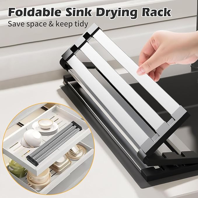 17.7"*12.8" Foldable Dish Drying Rack Thickened & Widened Over Sink Dish Drying Rack High-Temperature Resistant Removable Sink Storage Rack 304 Stainless Steel Drainer for Kitchen and Rv sink