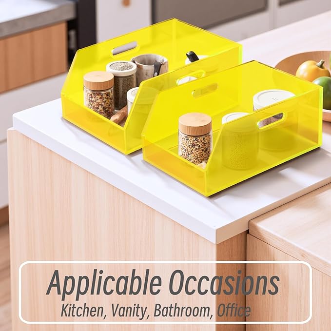 Gelite Stackable Storage Bin Organizer with Handles Acrylic Storage Container for Toy Pantry Kitchen Cabinet Bathroom Closet Office Organization, 11.4x7.5x5.1'', Neon Yellow