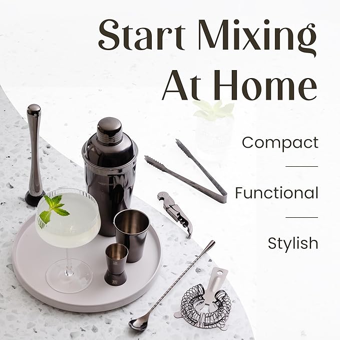 Modern Mixology 21-Piece Cocktail Shaker Set with Stand, Bartender Kit for Home Bar Accessories: 24oz Martini Shaker, Jigger, Strainer, Bar Spoon, Tongs, Opener, Muddler (Black, Brown Stand)
