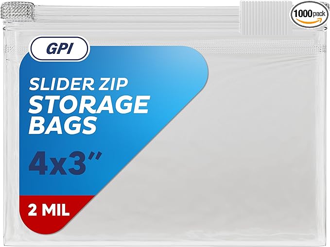 1000 Count - Slider Zip Food Storage Snack Bags, 4" x 3" 2 Mil, Strong & Durable For Freezer Storage, For Nuts, Candy, Snacks, Seeds, Jewelry & More. GPI