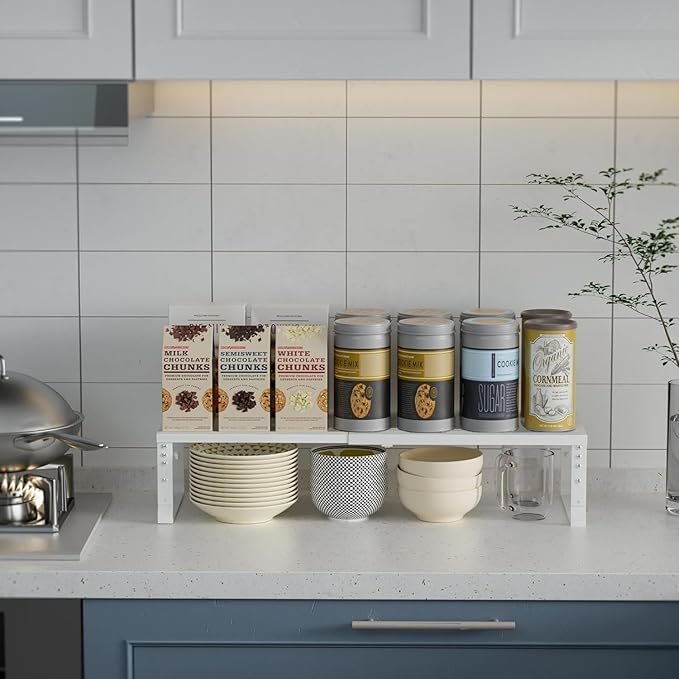 Expandable Spice Rack Organizion for Kitchen Cabinet, Seasoning,Bathroom Organizer Display Shelf, Stackable Multi-Purpose Shelves.Easy-to-Install（1Pack/White,Large
