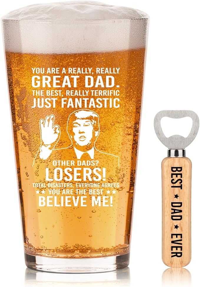 Father's Day Gifts For Dad: Funny Father's Day Beer Glass Gift Set With Wooden Bottle Opener & Greeting Card - Cool Unique Birthday Gift Idea Gifts For Dad