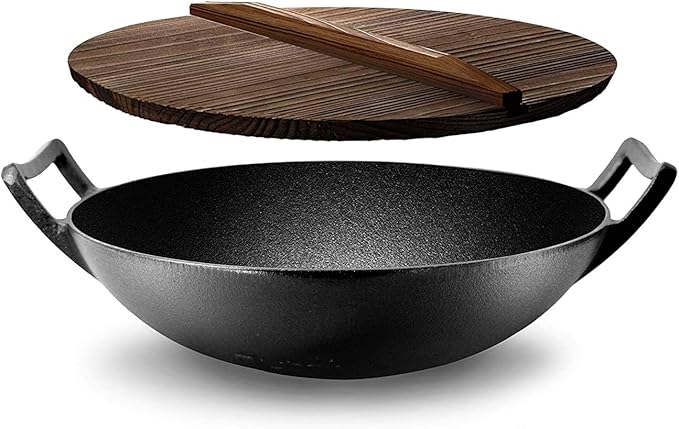 NutriChef Cast Iron Wok with Wooden Lid - Pre-Seasoned Chinese Wok for Stir-Fry, Compatible with Multiple Cooktops Including Induction, Large 5.8 Qt Capacity, 12" Diameter