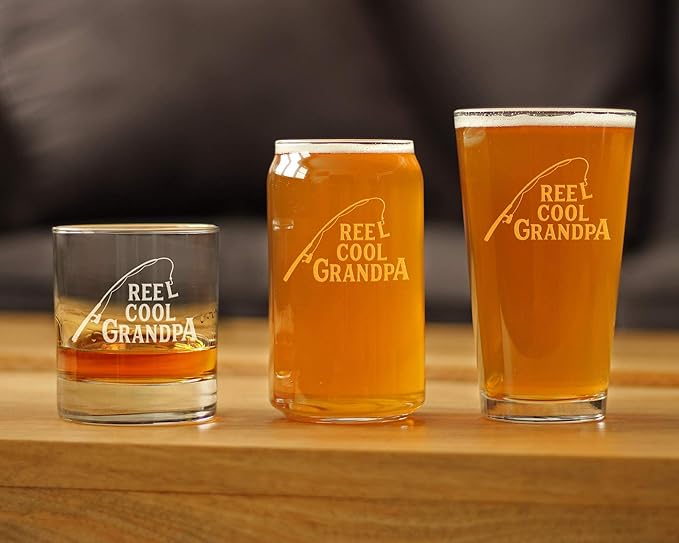 Reel Cool Grandpa - 16 oz Pint Glass for Beer - Funny Fishing Gifts for Fisherman Grandfather - Fun Fish Cups