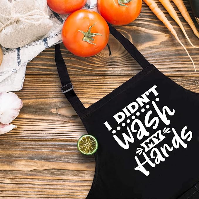 Funny Aprons for Men with 2 Pockets - I Didn't Wash My Hands, Waterproof Adjustable Bib Apron for Cooking Kitchen Grilling Grill BBQ Dishwashing, Black