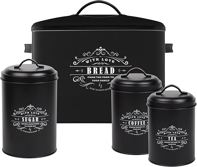 Baie Maison Extra Large Black Farmhouse Bread Box for Kitchen Countertop - Holds 2+ Loaves for All Your Bread Storage with Matching Large Kitchen Canisters Set of 3 - Coffee Tea Sugar Container Set
