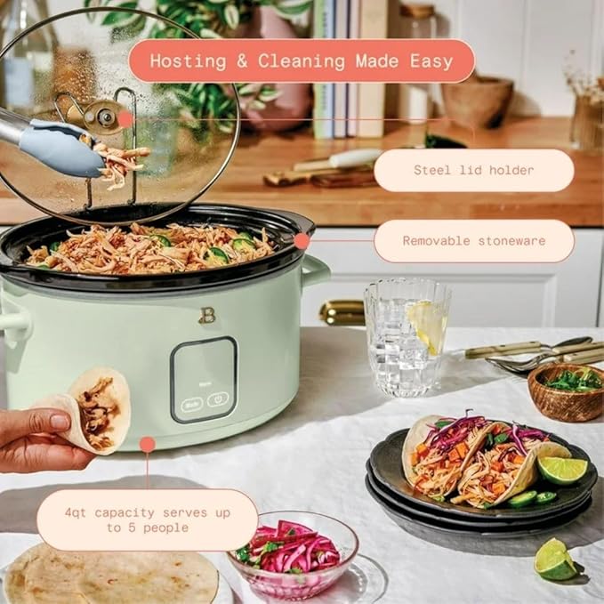 Beautiful by Drew Barrymore 4Qt Slow Cooker, Touch-Activated Display, 4 Presets, Auto Warm, Dishwasher-Safe Pot.
