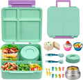 JSLOVE Bento Lunch Box with Leak Proof Thermos Food Jar for Kids, Food Lunch Containers for Girls with 4 Compartments, BPA-Free with Utensils, Food Picks, Sauce Jar & Silicone Lunch Box Dividers