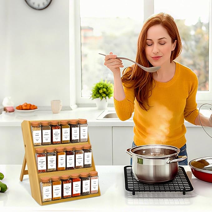 Bamboo Spice Rack Organizer, 3 Tier Folding Spice Shelf for Cabinet, Drawer or Countertop