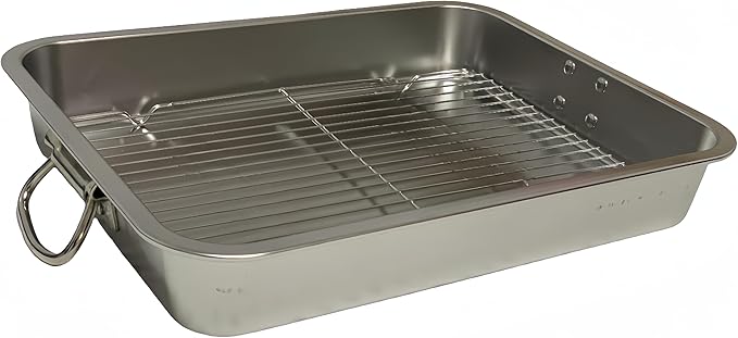 Generic Roasting Pan Stainless steel Roasting pan Turkey Roasting pan with grill Rectangular grill suitable for Turkey, roast chicken and ham (12.4x8.5x2.8in), Silver