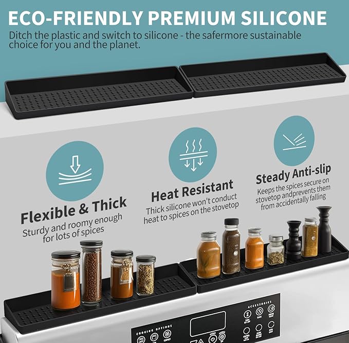 BFONS 30" Magnetic Stove Top Shelf Spice Rack Storage, Silicone Top Heat Material Stove Rack Seasoning Organizer Kitchen Gadgets Kitchen Organization（Black）