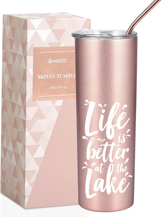 Onebttl Lake House Gifts for Women, 20oz Stainless Steel Insulated Tumbler, Housewarming Gifts for Lake Lovers - Rose Gold, Life is Better at the Lake 01