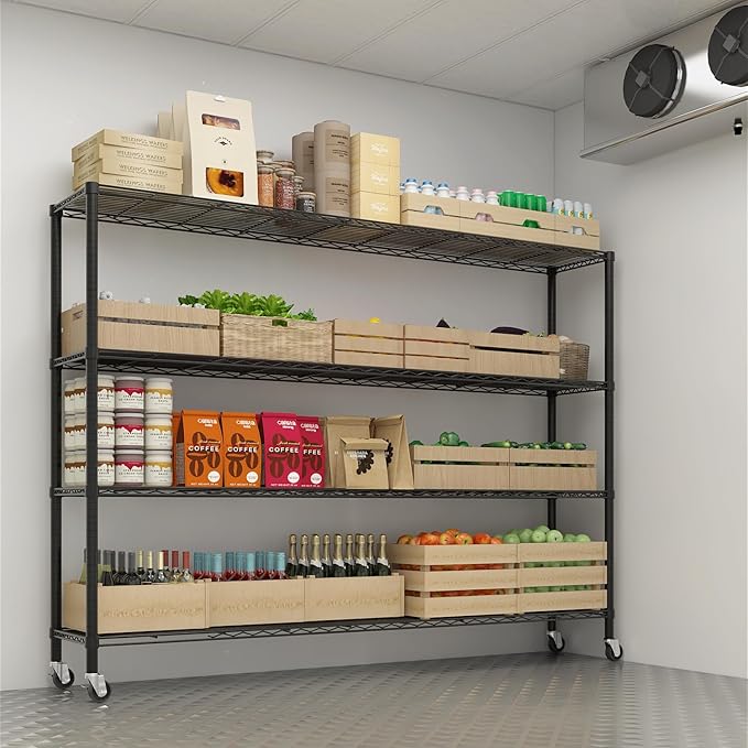 Karl home 4-Tier Adjustable Metal Storage Shelves, Wire Shelving Unit with Wheels & Leveling Feet, Heavy Duty Garage Shelving, Pantry & Kitchen Display Shelf Organizer, Home Storage Rack
