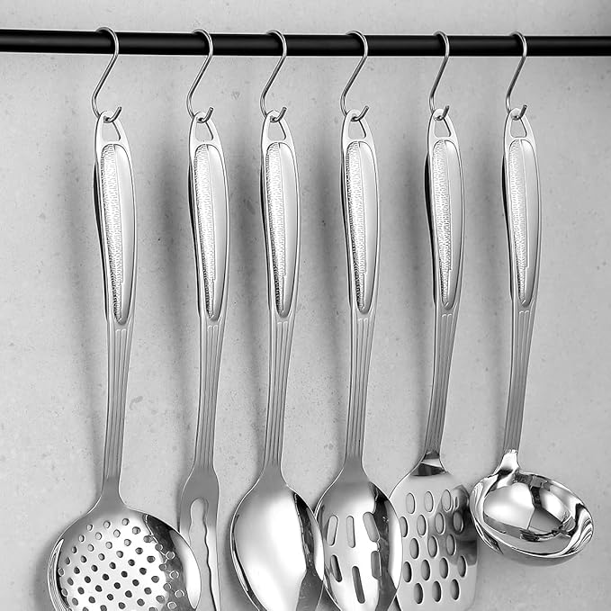 Berglander Stainless Steel Kitchen Utensils Set 6 Pcs, Cooking Utensil Sets, Kitchen Gadgets Essentials Include Metal Spatula Set, Skimmer, Ladle, Serving Spoon, Slotted Spoon, Carving Fork