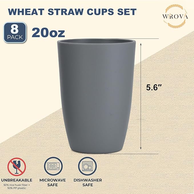 Wrova Wheat Straw Cups 8 PCS Good Alternative to Plastic Reusable Cups 20 oz Unbreakable Drinking Cup Reusable Dishwasher Safe Water Plastic Glasses Gray