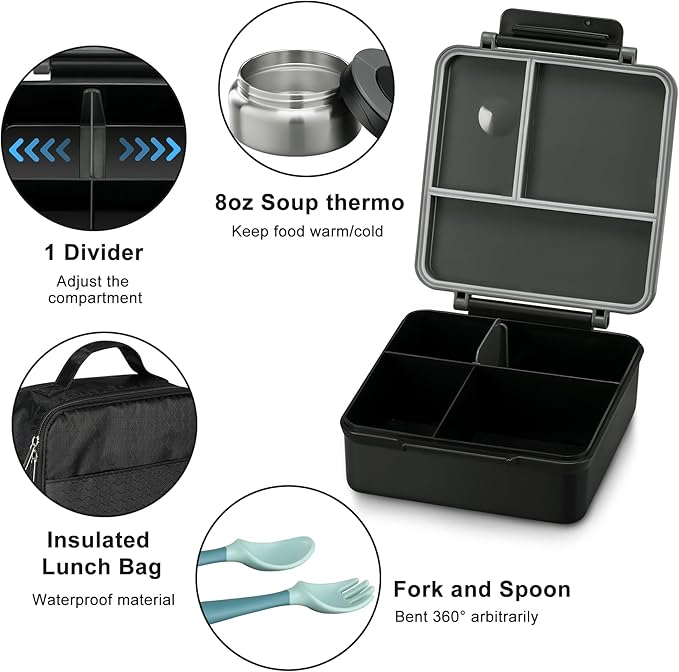 Itslife Bento Lunch Box for Kids with 8oz Soup Thermo&Lunch Bag, Leak-Proof Lunch Food Containers with 4 Compartment, Hot Food Insulated Food Jar for Kids School (Black)