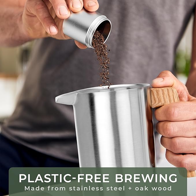 WALDWERK French Press (34 oz) - Stainless Steel Double Wall French Press Coffee Maker - Plastic Free Coffee Press with Oak Wood Handle - Insulated Stainless Steel Coffee Maker