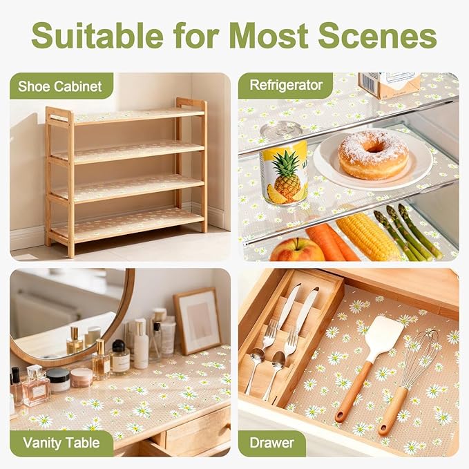 FEXIA Shelf Liner 17.5 Inch x 20 FT Daisy Non Slip Waterproof Cabinet and Drawer Liner for Kitchen Cabinet Refrigerator Pantry Closet Durable Non Adhesive