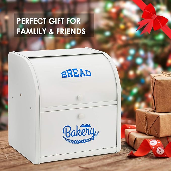 Bread Box, Metal Bread Box For Kitchen Countertop, Bread Storage Container Holds 2 Loaves Of Bread, High Capacity Breadbox, Bread Holder Suit Farmhouse Kitchen Decor For Counter (White)