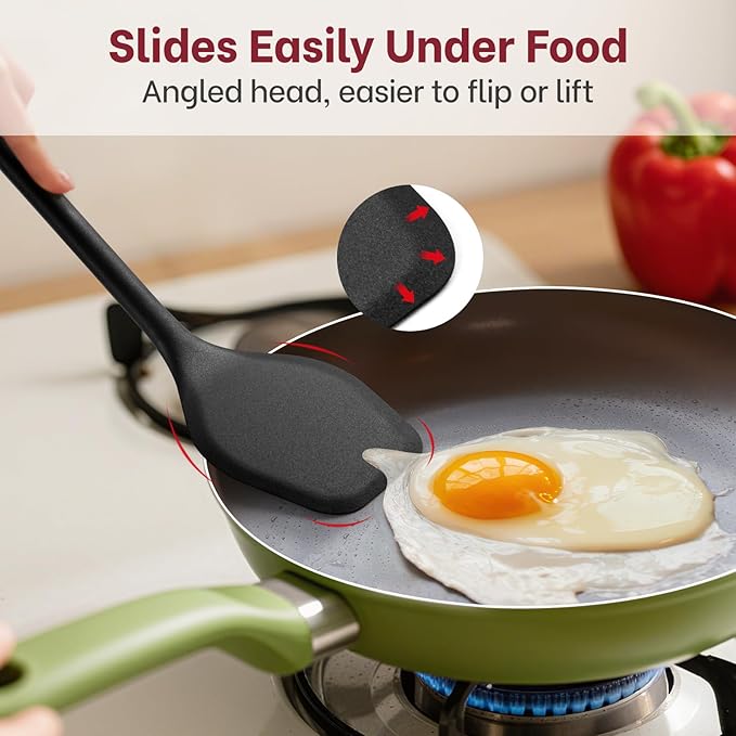 Pack of 2 Silicone Spatula Turner Set, Heat Resistant BPA-Free Silicone Kitchen Spatula Set for Non-Stick Pans, One-Piece Design Solid & Slotted Turner Ideal for Flipping Eggs, Pancakes, Black