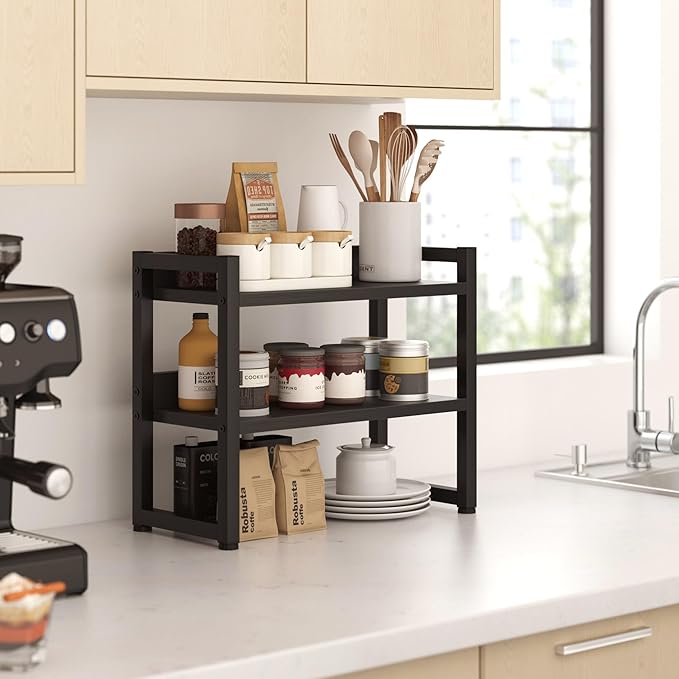 Kitchen Countertop Shelf Organizer, 3 Tier Large Kitchen Storage Spice Rack Cabinet Organizer with Metal Leg for Countertop Pantry, Coffee Bar Organizer, Bathroom Countertop Organizer, Black