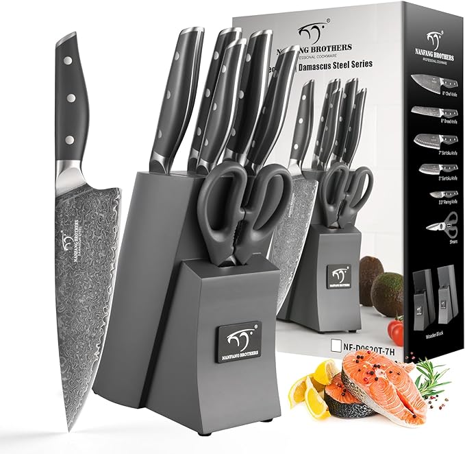 NANFANG BROTHERS Knife Set, 7-Pieces Damascus Kitchen Knife Set with Block, ABS Ergonomic Handle for Chef, Carving Fork, Disconnect-type Knife Block Set (Grey)