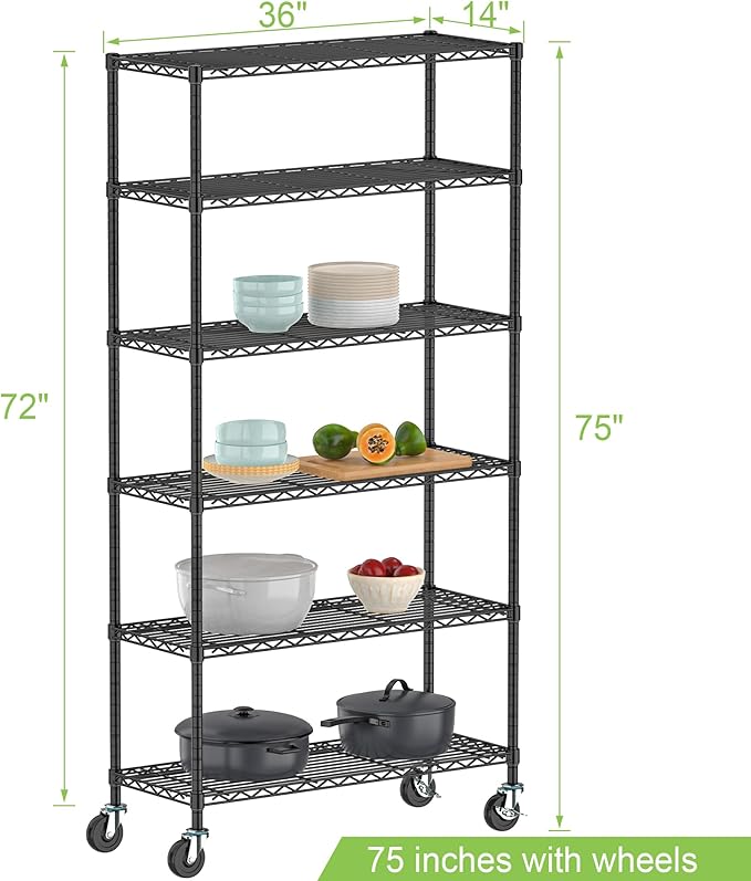 6 Tier Storage Shelves with Wheels Heavy Duty Wire Rolling Shelving Rack Organizer Garage Metal Steel Unit Adjustable Utility Commercial Sturdy Shelves for Kitchen Pantry Bathroom Closet Laundry