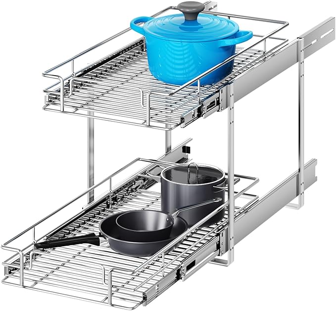 2 Tier Individual Pull Out Cabinet Organizer 13½" W x 21½" D, Heavy Duty Cabinet Pull Out Shelves, Slide Out Drawers Organization for Kitchen Cabinets Bathroom