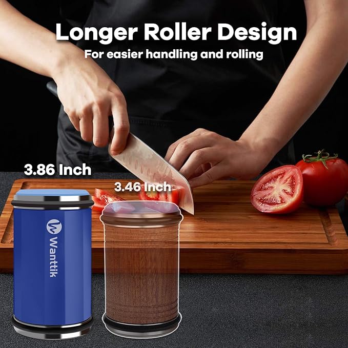 Rolling Knife Sharpener Kit, Upgraded Roller Knife Sharpener with Leather Strop for Kitchen Knives, 4-Disc Rolling Stone Sharpener with 15&18&20&22 Degree Sharpening, Blue