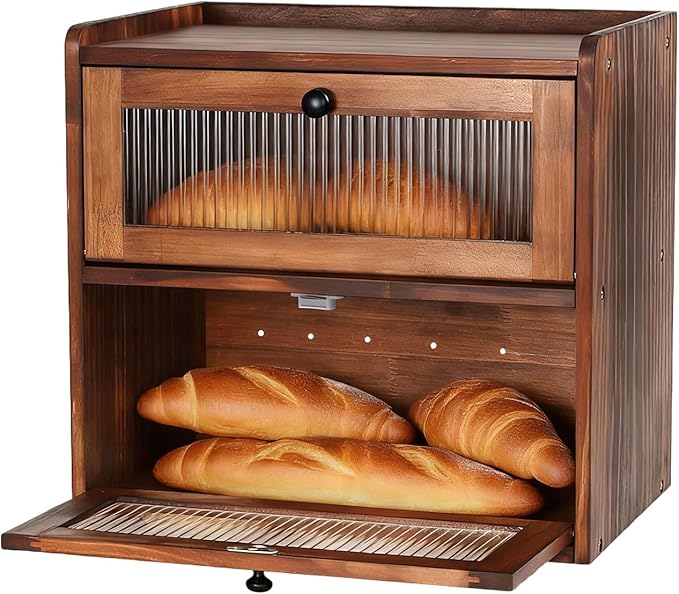 Wooden Bread Box for Kitchen Countertop Large Capacity Corner Bread Box Bread Storage Container with Clear Acrylic Window