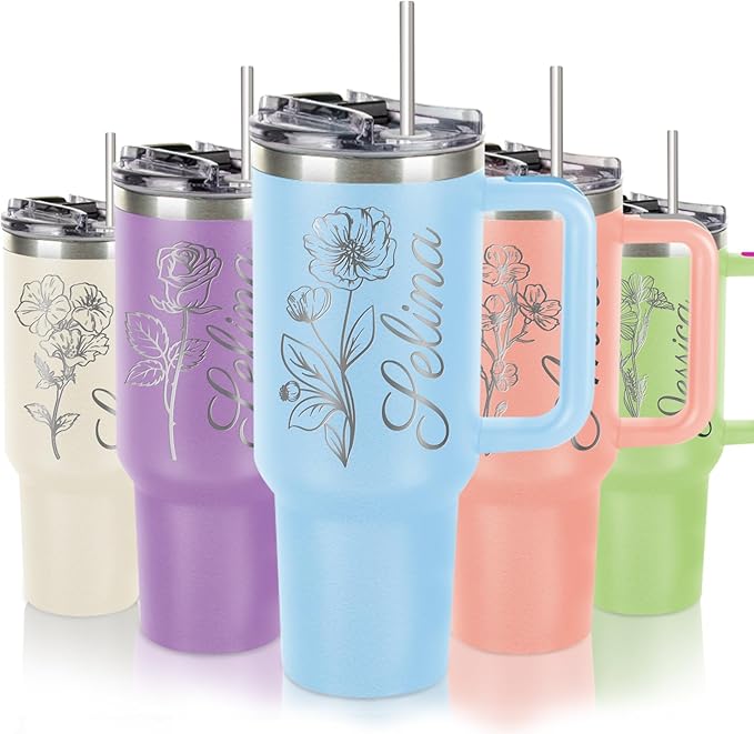Personalized 40 Oz Tumbler with Handle and Straw Lid, Custom Stainless Steel Water Bottle Travel Mug with Names and Birth Flower, Personalized Mothers Birthday Gifts for Mom Women Men Friend,Christmas