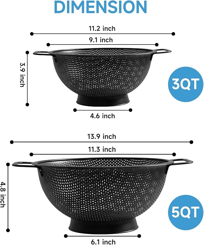 Black Colander for Kitchen, 3QT, Stainless Steel Pasta Strainer with Handle, Pasta Strainer for Fruits Vegetables Cooking Food, Dishwasher Safe