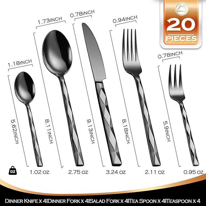 Black Silverware Set, Luxury 20-Piece Flatware Set for 4, Cutlery Set Stainless Steel, Diamond Cut Pattern, Home, Wedding & Party, 18/10 Stainless Steel Tablewaret & Dishwasher Safe Utensils.