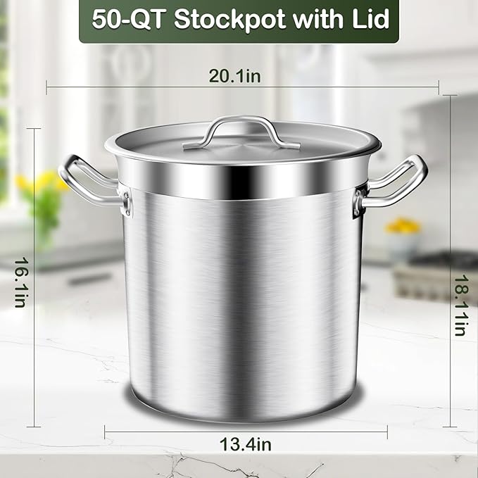 Stainless Steel Stockpot – 50QT Stock Pot with Lid, Heavy-Duty Tri-Ply Bottom Cooking Pot for Canning, Boiling Beer Brewing, Soup, Seafood Boil – Satin Finish Stainless Steel Soup Pots