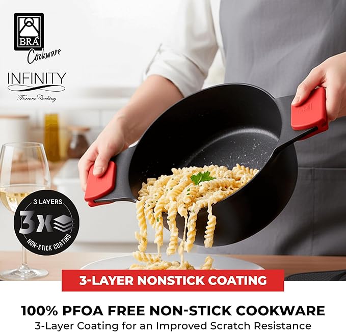 BRA COOKWARE Infinity Nonstick Stock Pot w/Glass Lid | 9.5 Inch 3.8 Quart Cast Aluminum Cooking Pot | PFOA/PFAS Free Deep Pot | All Cooktops (incl Induction) | Removable Silicone Handle