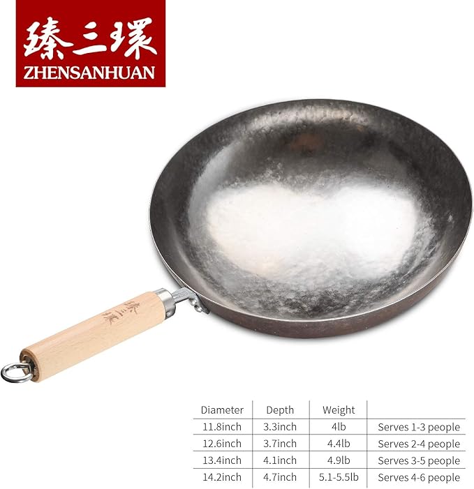 臻三环 ZhenSanHuan Chinese Hand Hammered Iron Pow Woks and Stir Fry Pans Wooden Handle Round Bottom (30CM, Silver-Not Seasoned)