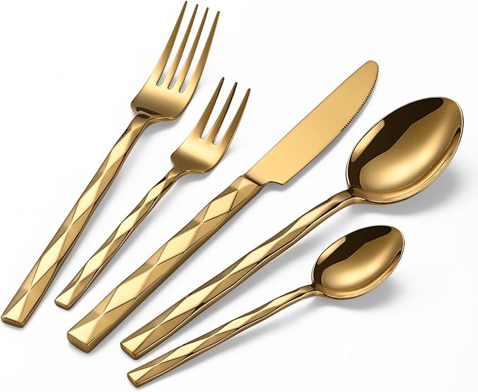 Gold Silverware Set, Luxury 30-Piece Flatware Set for 6, Cutlery Set Stainless Steel, Diamond Cut Pattern, Home, Wedding & Party, 18/10 Stainless Steel Tablewaret & Dishwasher Safe Utensils.