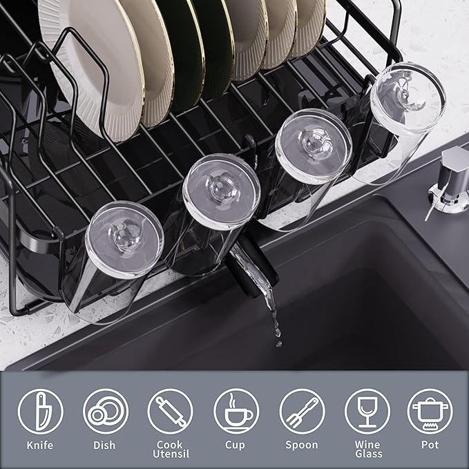 Runnatal Large Dish Drying Rack with Drainboard Set, Dish Rack, Extendable Dish Rack, Utensil Holder, Cup Holder, Expandable Dish Drainer for Kitchen Counter, 21.6"-30.3" L x 12.6" W